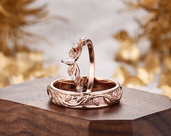 2pcs Leaf Couple Rings Set for Men and Women, Men Wedding