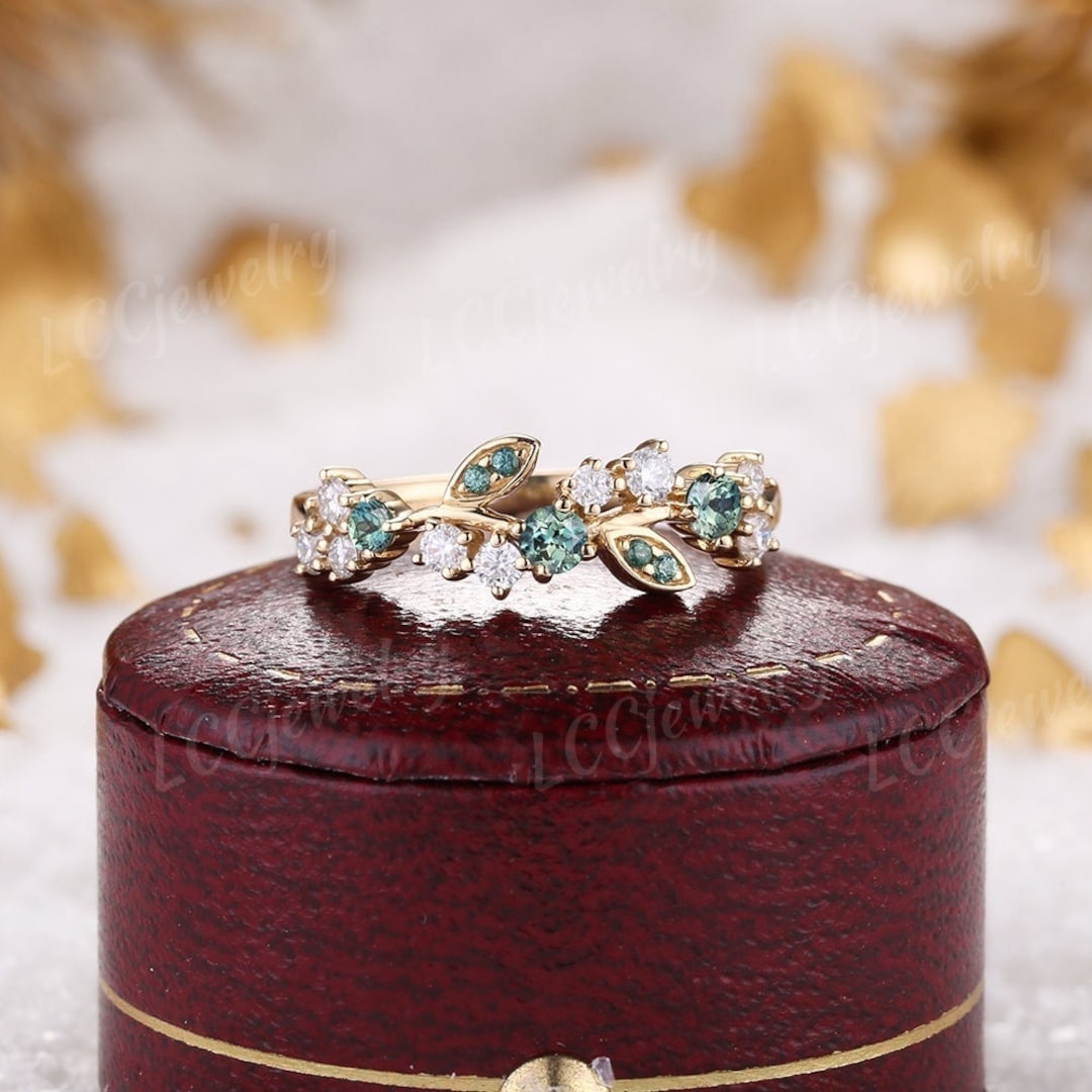 Unique Green Sapphire Wedding Band Nature Inspired Leaf Floral Diamond ...