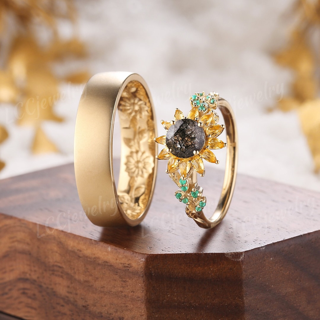 Nature Inspired Sunflower Design Couple Ring Black Rutilated Quartz ...