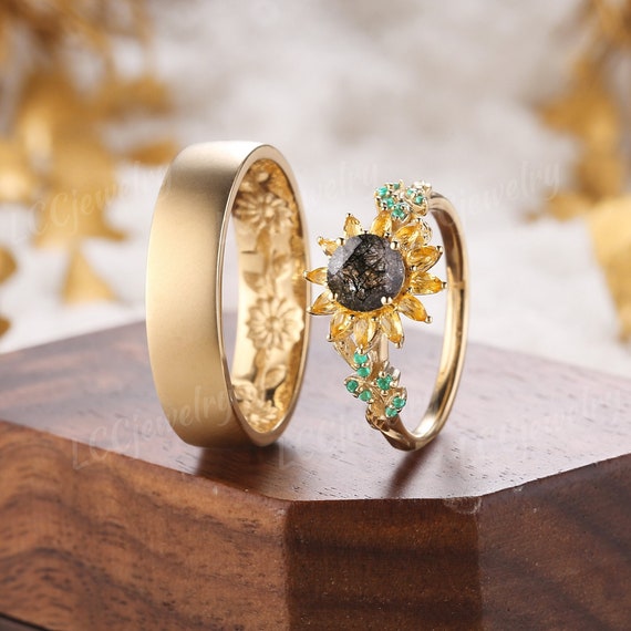 Nature Inspired Sunflower Design Couple Ring Black Rutilated Quartz Engagement Ring Gold Leaf Wedding Band Promise Rings for Women and Men Etsy
