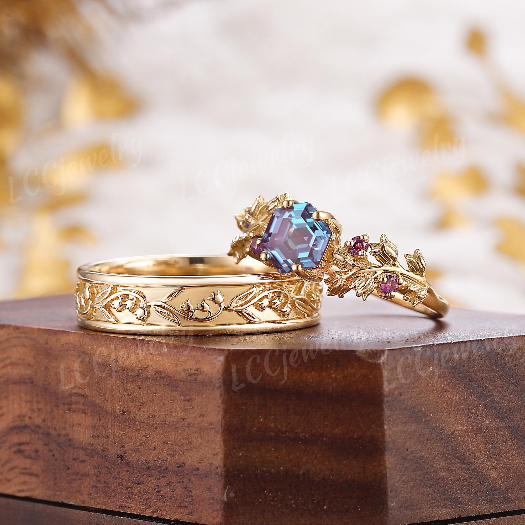 Vintage Lily of the Valley Couple Rings Set, Gold Nature Wedding