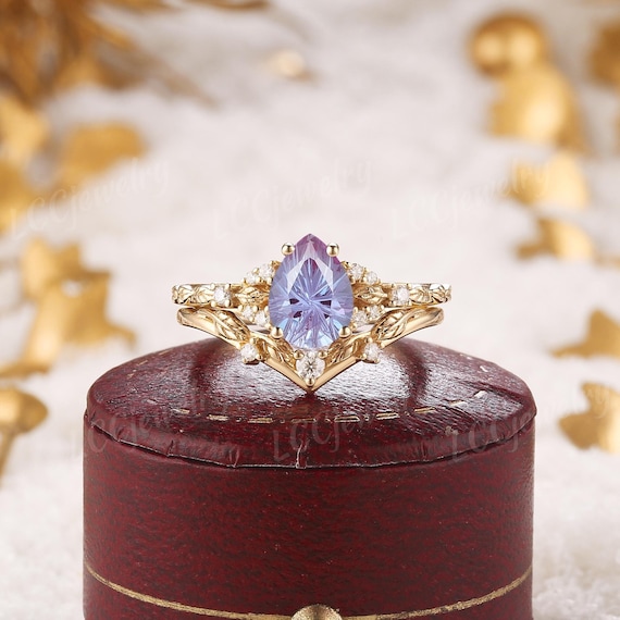 Nature Inspired Fireworks Cut Alexandrite Engagement Ring Set