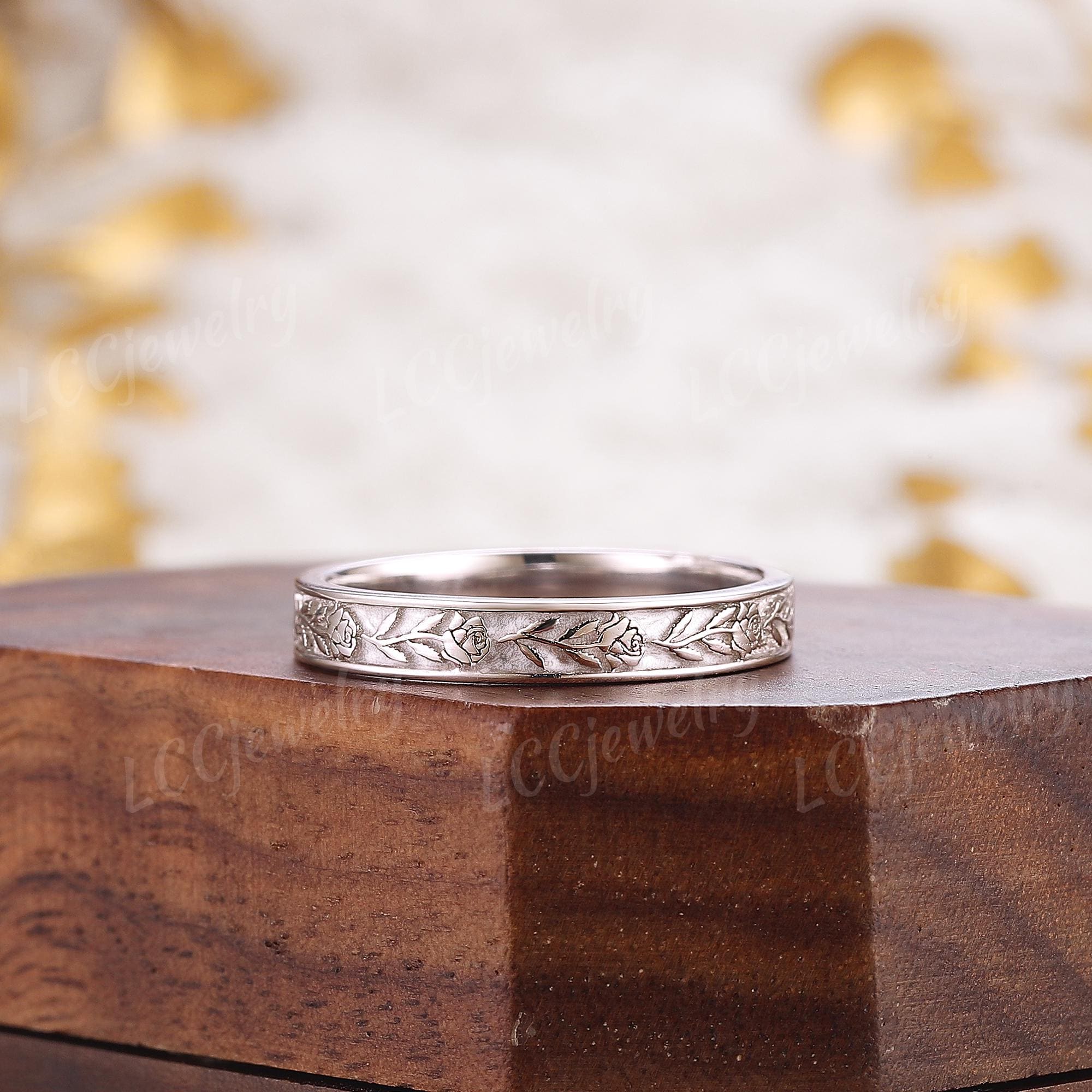 3mm Rose Floral Wedding Band White Gold Nature Inspired Unisex
