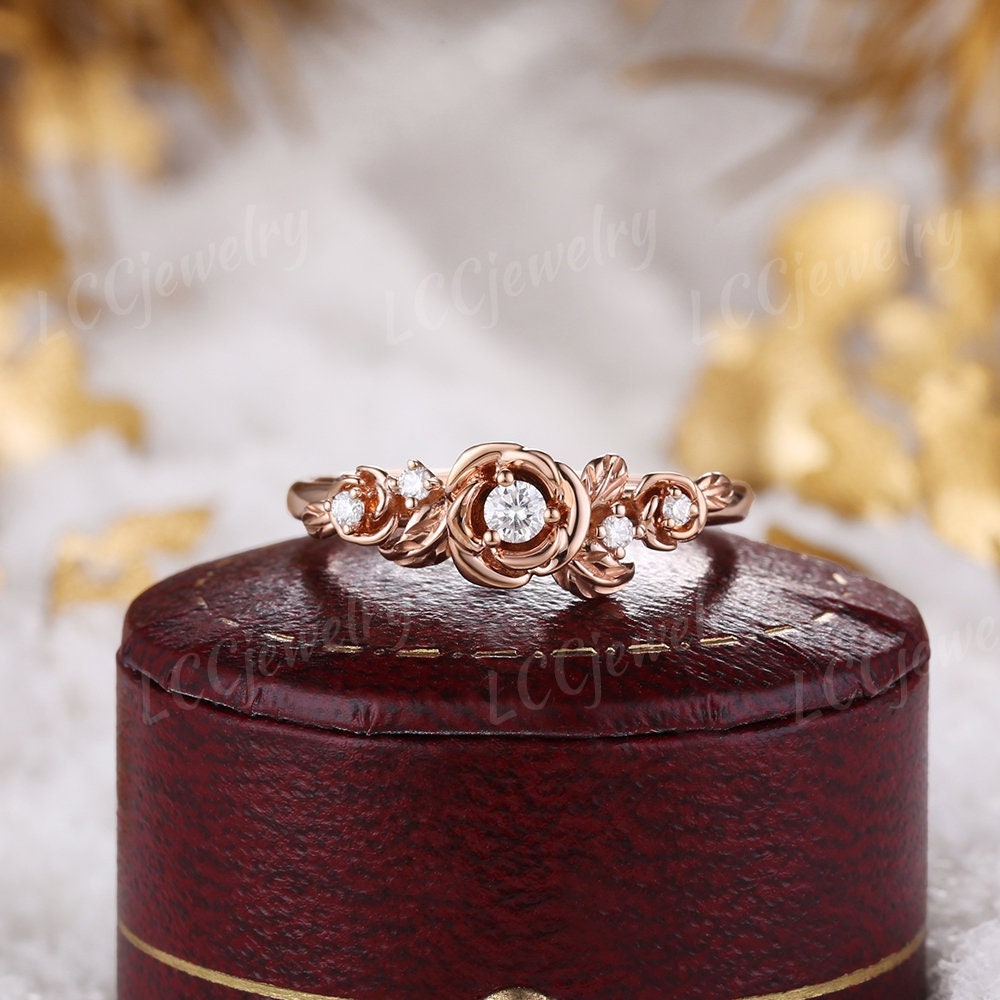 Moissanite Floral Engagement Ring Nature Inspired Rose Ring Rose Gold Dainty Diamond Leaf Wedding Ring Handmake Anniversary Rings For Women