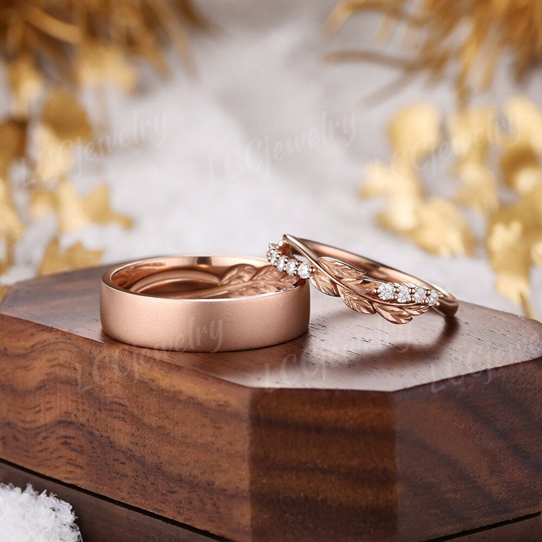 2pc Moissanite Couple Rings Unique Rose Gold Leaf Design Male and