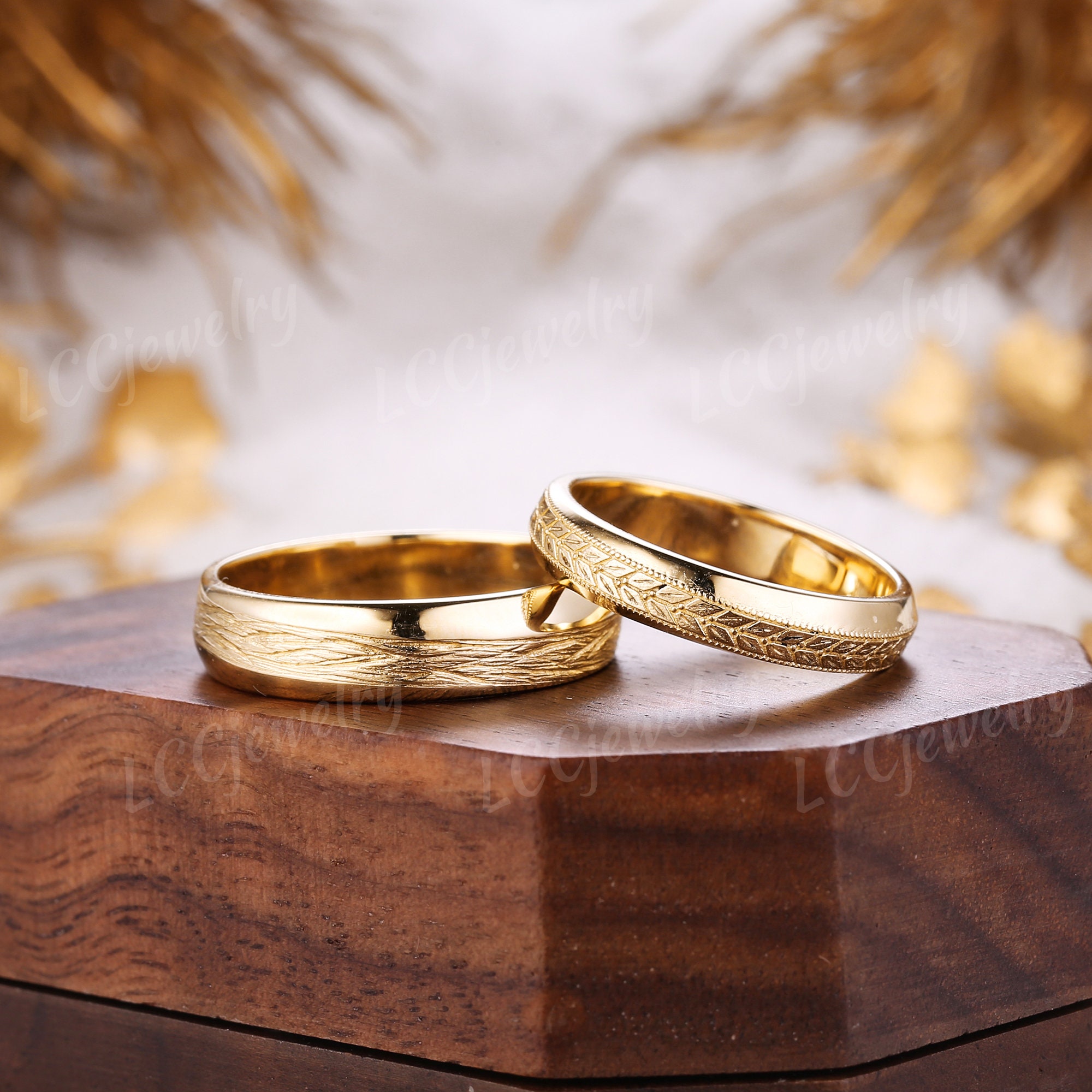 2pc Wood Grain Couple Rings Set Leaf Branch Mens Wedding Band Yellow Gold  Minimalist Wedding Ring Promise Bridal Ring Set for Men and Women - Etsy