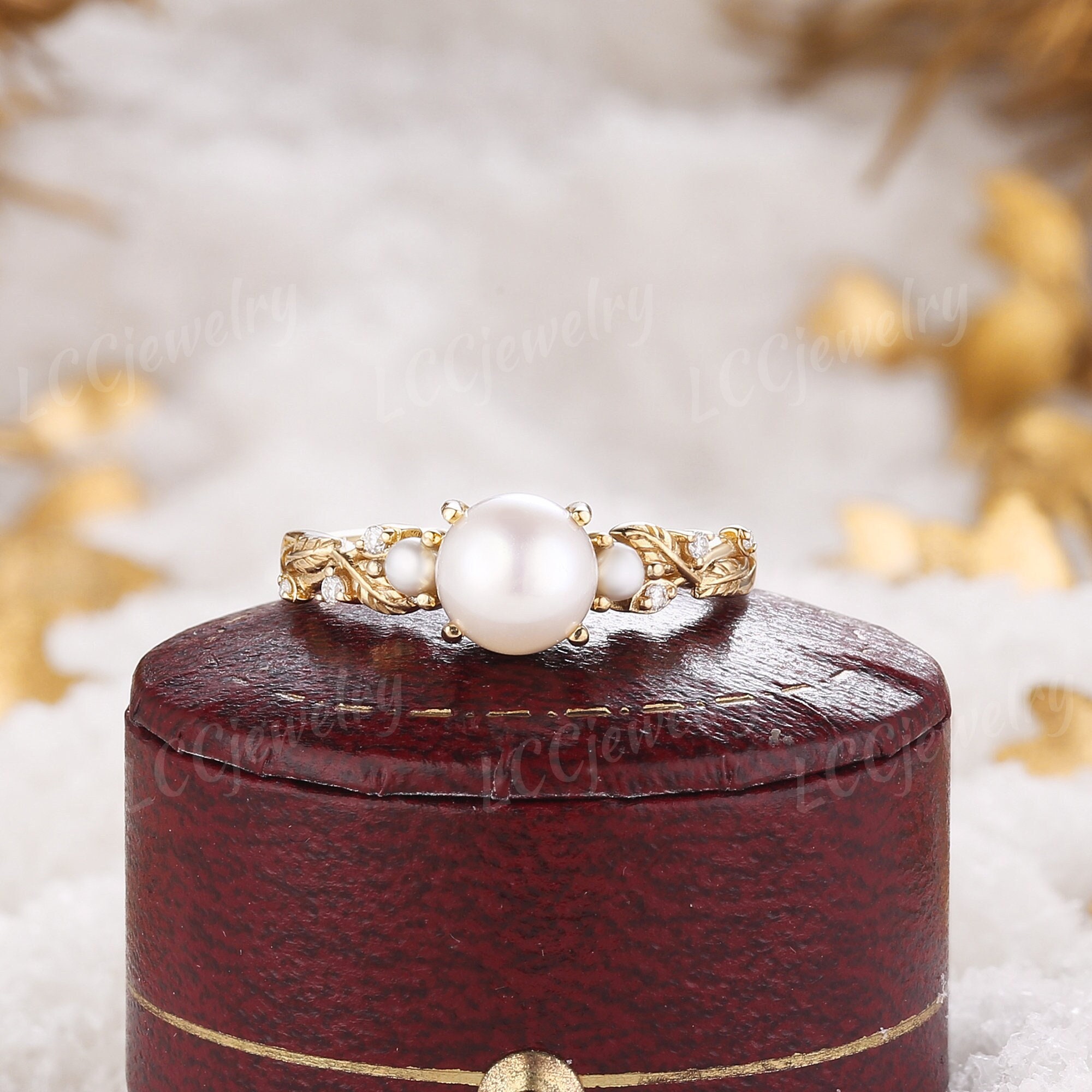 Vintage Akoya Pearl Leaf Floral Engagement Ring Yellow Gold Pearl