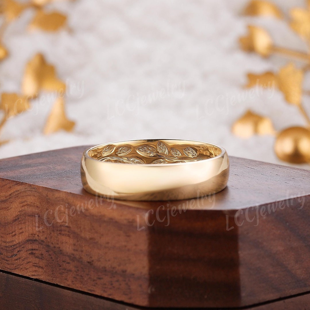 Men's Rings Leaf Pattern Nature Inspired Leaf Design Men Wedding Band Unique Yellow Gold Leaf ...