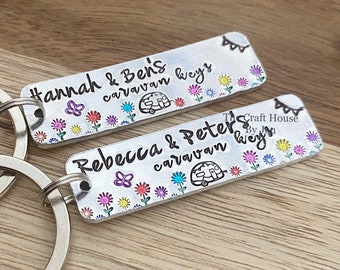 Personalized Caravan Keyring, Aluminum Camping Keychain, Floral Design