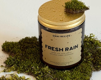 Pioggia fresca: profumo di terra dopo la pioggia, fragranza di petricore, candela all'olio di colza in barattolo d'ambra