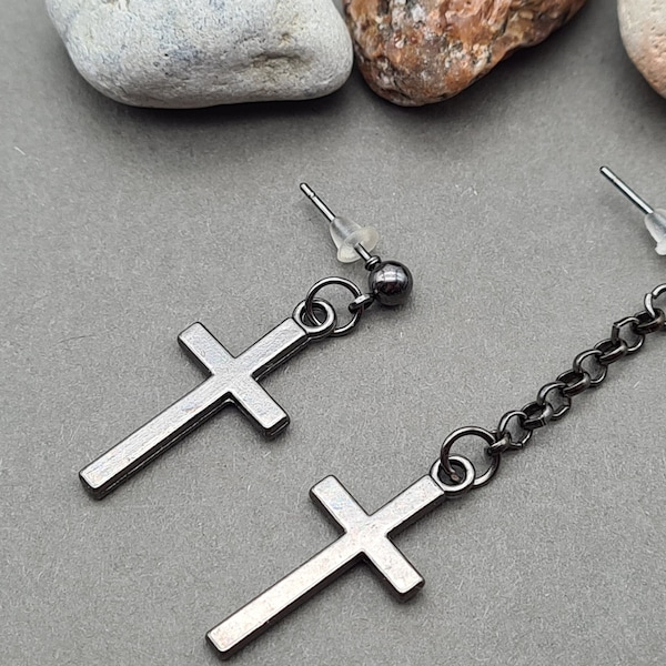 One cross earring, Single cross dangle, Gunmetal cross, Goth cross, Guys cross, Religious dangle, Men earring, Gift for him, Cross in chain