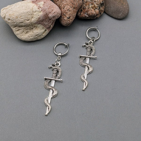 One clip on sword with a snake steampunk serpent sword Drop Earrings, Gift doctor Medical symbol Gift idea