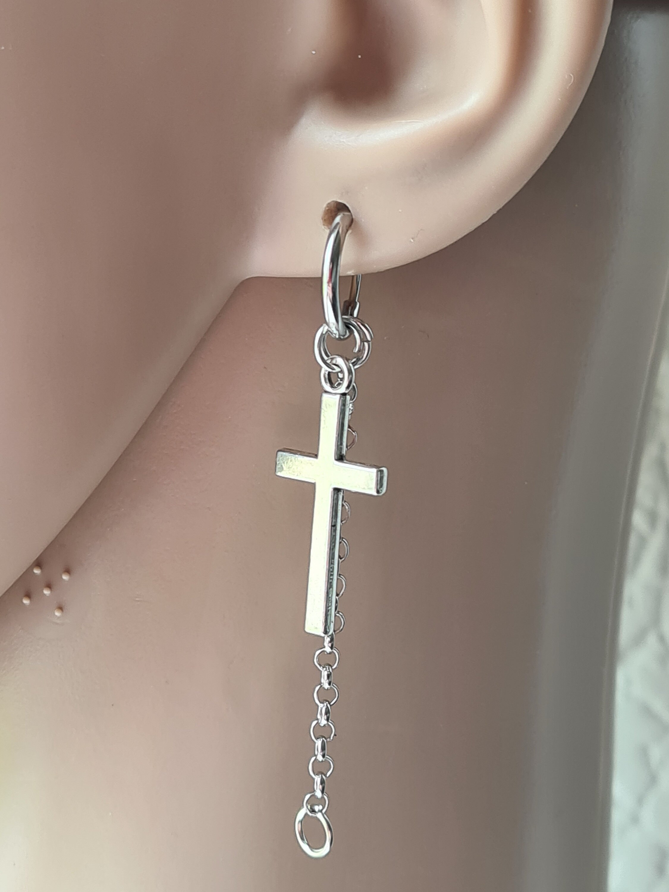 One Clipon Chain Earring With Cross Men Earrings Dangling Etsy
