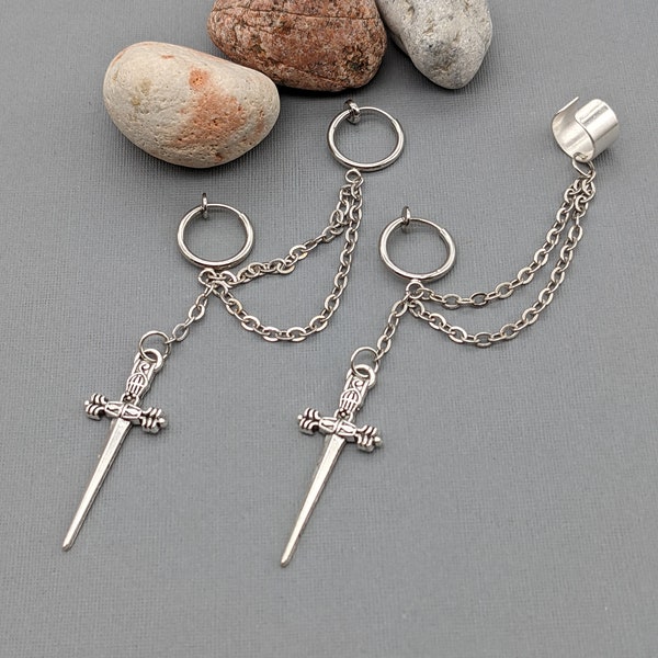 Clip-on sword earring, Weapon earring, Men accessories, Boyfriend gift, Earring for men, Sword and chain earring, Dagger earring, Trendy