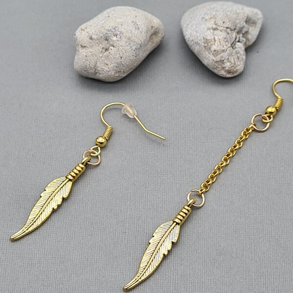 One gold color feather dangle feather earring symbol feather dangle symbol earring little gift guys dangle goth dangle hippie dangle hipster