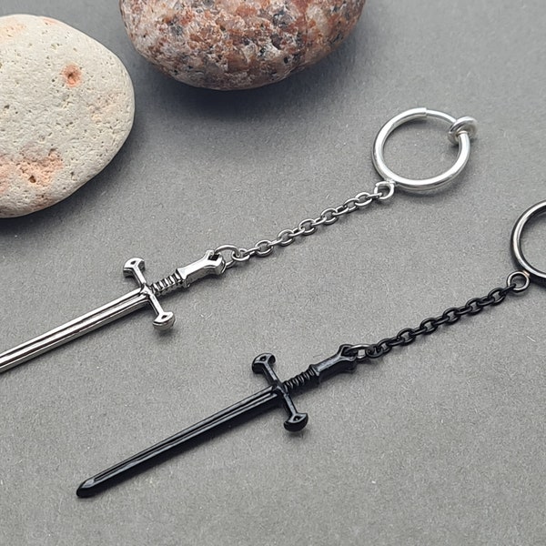 Clip-on sword earring, Weapon earring, Men accessories, Boyfriend gift, Knife dangle, Earring for men, Silver sword earring, Dagger earring