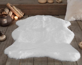 Polar Luxury Fur Rug • Soft Silky Rabbit Shaggy Fluffy Faux Sheepskin • Boho Home Area Decoration Accent Chair Cover Mat • Lambskin