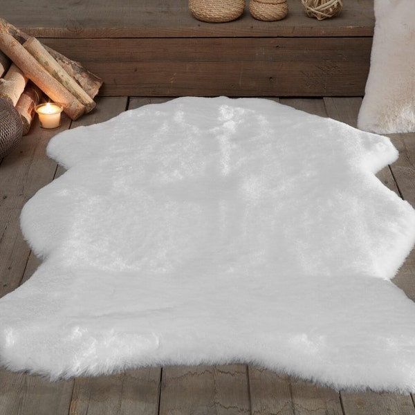 Polar Luxury Fur Rug • Soft Silky Rabbit Shaggy Fluffy Faux Sheepskin • Boho Home Area Decoration Accent Chair Cover Mat • Lambskin