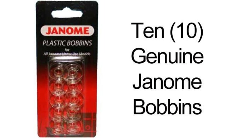 May include: A package of ten clear plastic Janome bobbins for sewing machines. The bobbins are displayed in a clear plastic case with a red and black backing. The package has the Janome logo and the words "Plastic Bobbins".