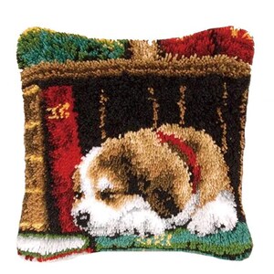 May include: A square cushion with a textured design of a sleeping puppy. The puppy is depicted in brown, white, and tan, with a red collar. The background shows books in red, green, and brown. The cushion has a green border.