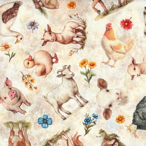 May include: A repeating pattern featuring farm animals and flowers. The illustrations include a goose, pig, goat, chicken, and cow, along with daisies and other floral elements. The background is a mottled beige color.