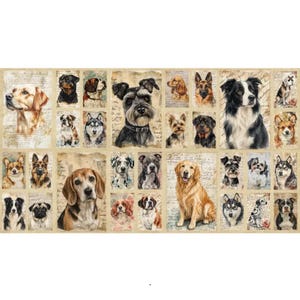 May include: A fabric panel featuring a collage of various dog breeds in individual rectangular frames. The background is a light beige colour with faint, cursive script text. The dogs are depicted in realistic detail with diverse fur colours.