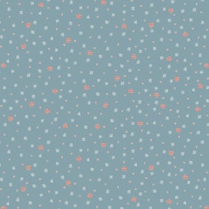 May include: A seamless pattern with a light blue background, featuring small pink hearts, small white squares, and larger pink circles with white stripes.
