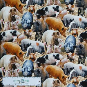 May include: A fabric pattern featuring a multitude of pigs in various colors, including pink, brown, black, and blue. The pigs are of different sizes, with some appearing to be piglets. The background has a straw-like texture.