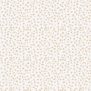 May include: A white background with a repeating pattern of small gold leaves.