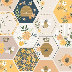 May include: A repeating pattern of hexagonal tiles featuring bees, beehives, and floral elements. The design incorporates sunflowers, daisies, and other flowers in shades of yellow, orange, and blue, creating a whimsical and nature-inspired aesthetic.