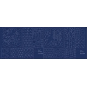 May include: A blue fabric panel featuring a white geometric design. The panel is divided into nine squares, each with a different pattern. The patterns include a circle with a floral design, a repeating pattern of small squares, and a repeating pattern of small triangles.