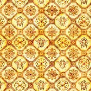 May include: A seamless pattern of yellow and brown hexagonal tiles with a stylised bee design in the centre of each tile.