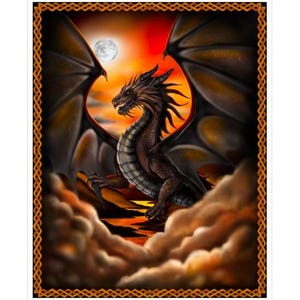 May include: A black dragon with wings spread wide, perched on a rocky cliff against a fiery orange and red sunset. The dragon has a long, pointed snout and sharp claws. A full moon shines in the sky.
