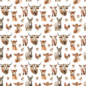May include: A repeating pattern of farm animals including cows, pigs, donkeys, chickens, and alpacas. The watercolor illustrations are in shades of brown, tan, and gray, set against a white background. Small brown bows and birds are also scattered throughout the design.