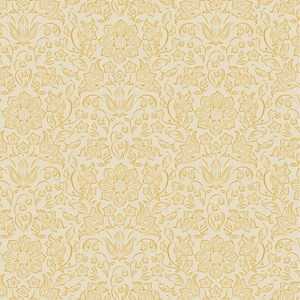 May include: A seamless pattern featuring a repeating floral design. The pattern showcases stylized flowers, leaves, and vines in a golden-yellow color against a cream-colored background. The design is symmetrical and detailed.