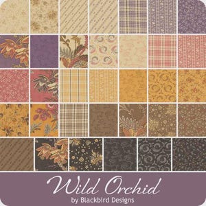 May include: A fabric collection titled "Wild Orchid" by Blackbird Designs. The image shows a grid of fabric swatches with floral, plaid, and patterned designs in shades of brown, gold, purple, and cream.