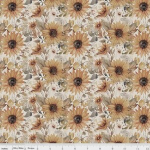 May include: A repeating pattern of sunflowers and foliage in shades of yellow, brown, and green on a cream background. The design features large sunflowers with detailed petals and dark centers, interspersed with smaller flowers and leaves. The fabric is measured in inches.