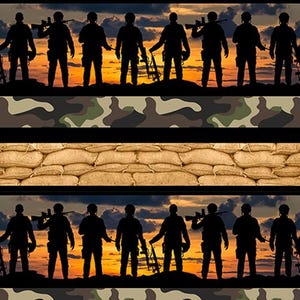 Könnte beinhalten: Silhouetten von Soldaten, die in einer Reihe vor einem Sonnenuntergangshimmel mit Tarnung und Sandsäcken darunter stehen.