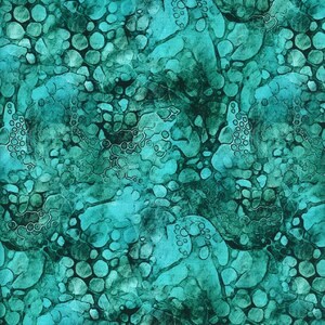 May include: Abstract seamless pattern with teal and green colors. The pattern features a variety of shapes and sizes of circles and ovals, creating a textured and organic look.