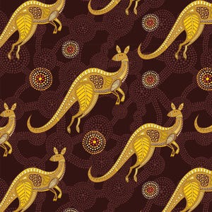May include: A repeating pattern featuring stylized yellow kangaroos with intricate designs on a dark brown background. The design includes circular patterns with red, white, and yellow dots, creating a textured effect.