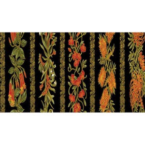 May include: A black fabric with vertical stripes of gold and red floral designs. The floral designs are stylised and feature different types of flowers.