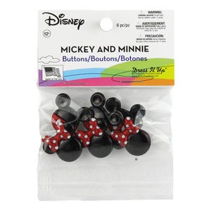 May include: A packet of six Mickey and Minnie Mouse buttons. The buttons are black with red polka dot bows. The packaging includes the Disney logo and the text "Mickey and Minnie Buttons".