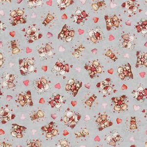 May include: A repeating pattern featuring teddy bears, hearts, and roses on a grey background. The bears are in various poses, some holding hearts or surrounded by roses. The hearts are in shades of pink and red.