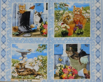 Patchwork Quilting Sewing Fabric Kittens in the Garden Panel 90x110cm