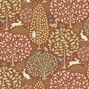 May include: A seamless pattern featuring a whimsical woodland scene with brown, green, and pink trees, birds, squirrels, and rabbits on a brown background.