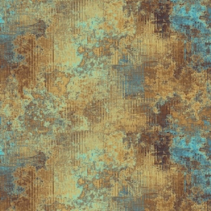 May include: Abstract digital art with a textured, distressed appearance. The design features a blend of earthy tones, including brown, gold, and teal, with vertical and horizontal lines creating a layered effect. The overall aesthetic is reminiscent of aged surfaces.