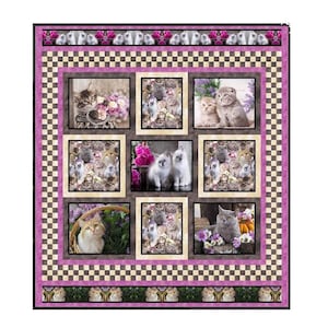 May include: A pink and brown patchwork quilt with a chequered pattern and a border of pink and green. The quilt features nine squares with images of cats in various poses and settings.