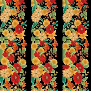 May include: A repeating floral pattern with red, orange, yellow, and cream flowers on a black background. The design includes detailed leaves and stems, creating a vibrant botanical theme. The pattern is suitable for fabric or wallpaper.