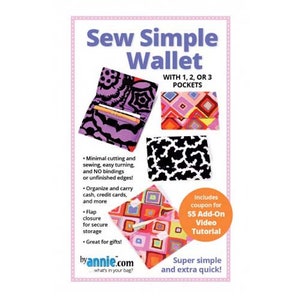 May include: Sew Simple Wallet pattern featuring colourful fabric samples. The pattern includes instructions for making a wallet with 1, 2, or 3 pockets. It also includes a coupon for a £5 add-on video tutorial.