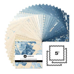 May include: A collection of square fabric swatches arranged in a fan shape, featuring various blue and white patterns including floral, gingham, and script designs. The stack includes a label reading Andover and 5 inch squares with pinked edges.